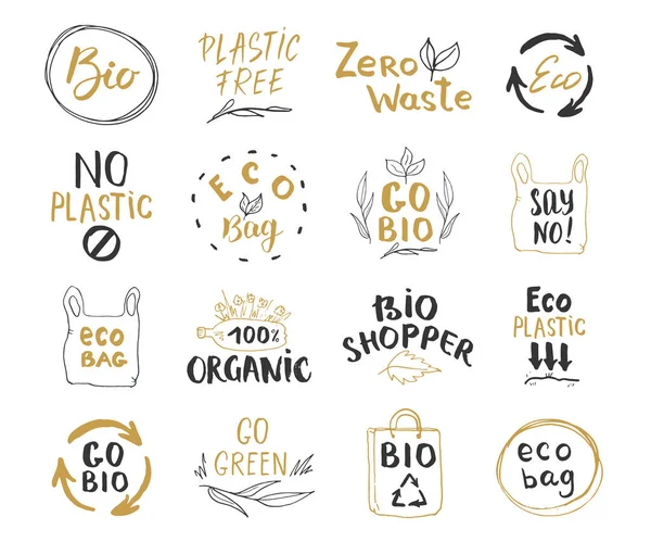 Ensemble Lettres Calligraphiques Eco Bio Lettrage Avec Des Éléments Gribouillage — Image vectorielle