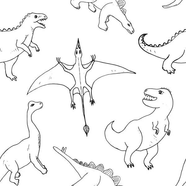 Padrão Sem Costura Dino Bonito Desenhos Animados Mão Desenhada Dinossauros — Vetor de Stock