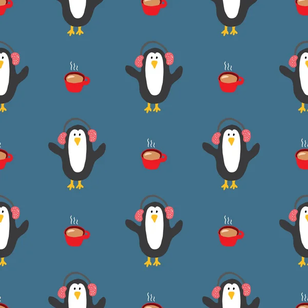 Año Nuevo Navidad Patrón Sin Costuras Con Pingüinos Garabatos Dibujados — Vector de stock
