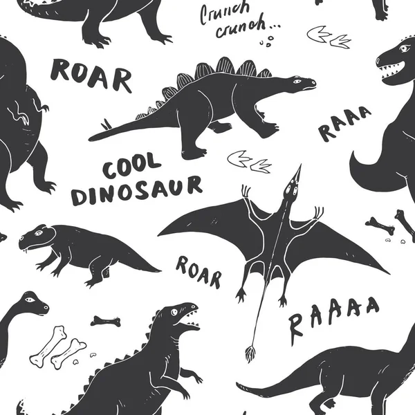 Dino Seamless Pattern Cute Cartoon Hand Drawn Dinosaurs Doodles Vector — Stock Vector
