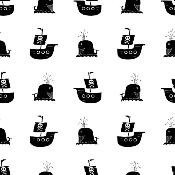 Piratenboot Walvis Naadloos Patroon Leuke Doodles Piratenschets Handgetekend Cartoon Vector — Stockvector