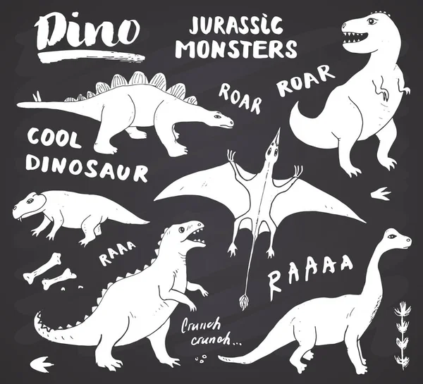 Dino Doodles Set Bonito Dinossauros Esboço Letterings Coleção Desenho Mão — Vetor de Stock