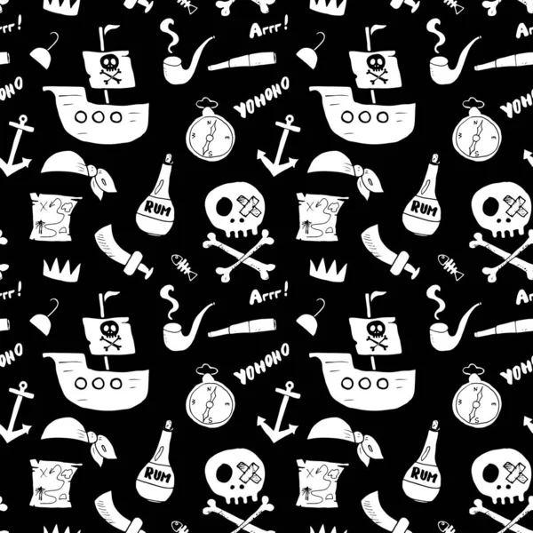 Pirate Doodles Bezszwowy Wzór Ładny Szkic Piratach Ręcznie Rysowane Wektor — Wektor stockowy