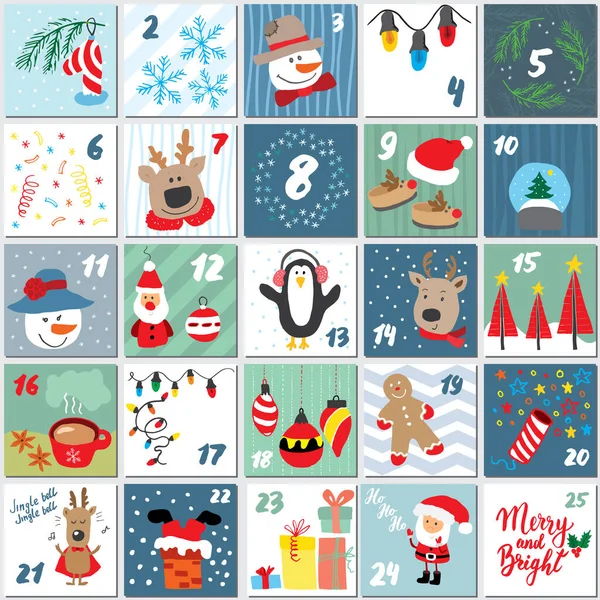 Karácsonyi Adventnaptár Kézzel Rajzolt Elemek Számok Téli Ünnepek Naptár Kártyák — Stock Vector