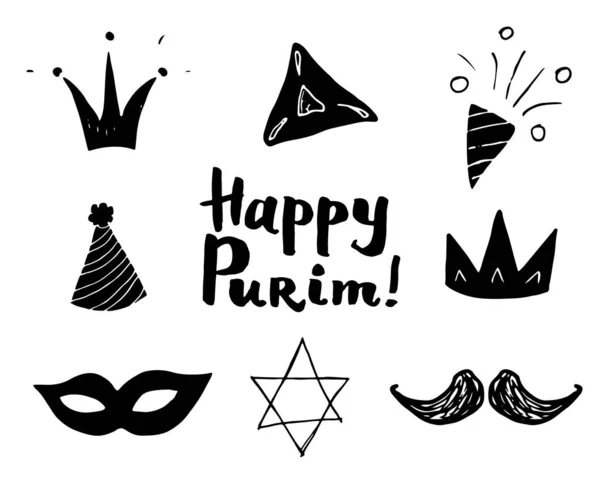 Purim Kézzel Rajzolt Ikonok Beállítva Hagyományos Zsidó Ünnep Firkál Elemeket — Stock Vector