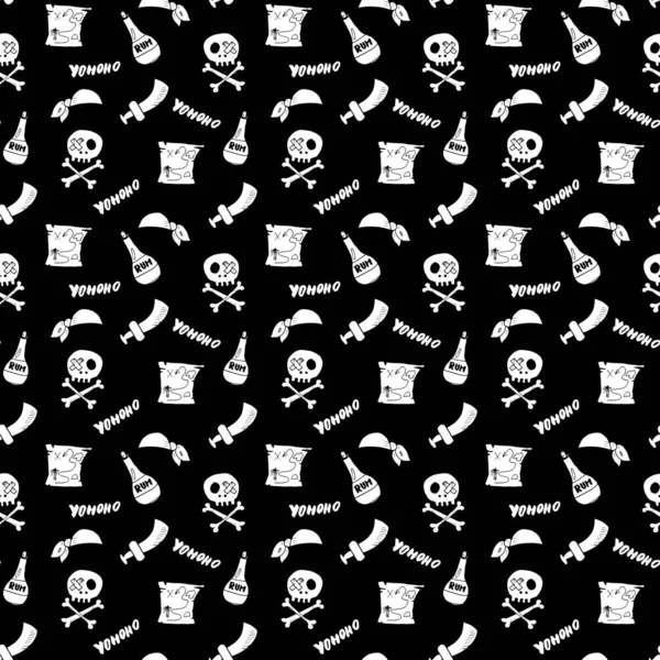 Pirate Doodles Naadloos Patroon Leuke Piraat Items Schets Handgetekend Cartoon — Stockvector