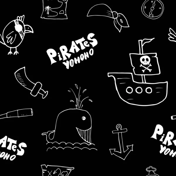 Pirate Doodles Naadloos Patroon Leuke Piraat Items Schets Handgetekend Cartoon — Stockvector