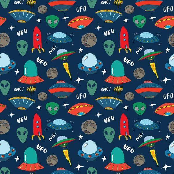 Ufo Und Aliens Nahtloses Muster Niedliche Doodles Raumschiffe Skizzieren Handgezeichnete — Stockvektor
