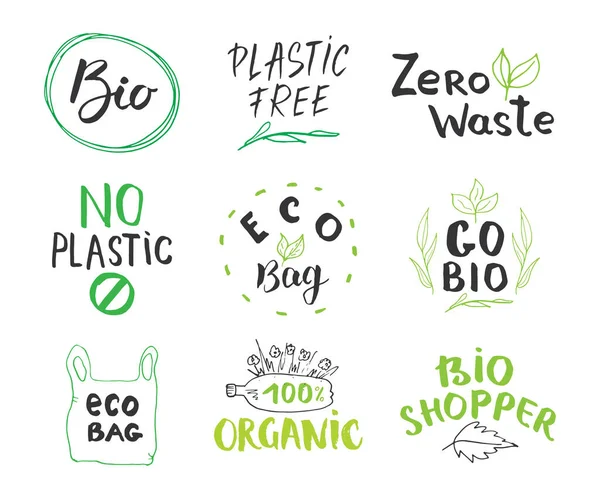 Eco Bio Hand Drawn Labels Set Calligraphic Letterings Eco Friendly — Stockový vektor