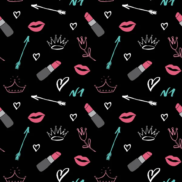 Lipstick Naadloos Patroon Met Hand Getekend Mode Schoonheid Items Vector — Stockvector