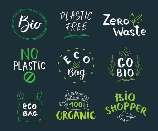 Eco Bio Käsin Piirretyt Etiketit Set Kalligrafinen Letterings Ympäristöystävällisiä Luonnos — vektorikuva