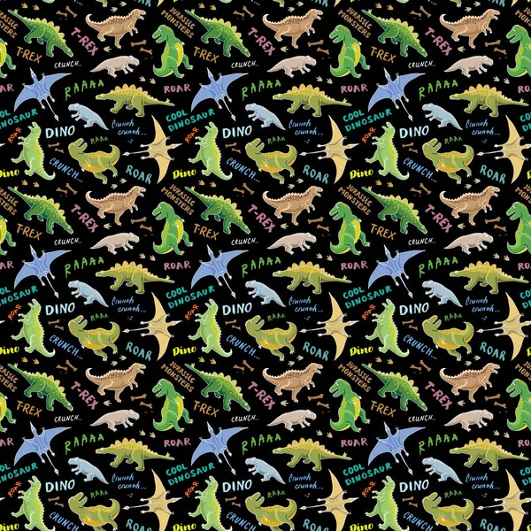 Patrón Sin Costura Dino Dinosaurios Dibujados Mano Dibujos Animados Lindo — Vector de stock