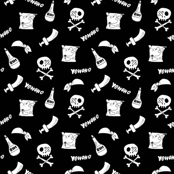 Pirata Doodles Patrón Sin Costuras Lindo Bosquejo Elementos Piratas Dibujos — Vector de stock