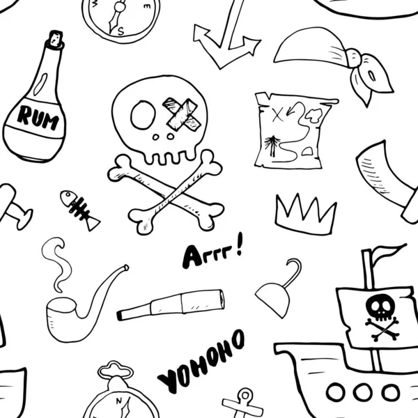 Pirata Doodles Patrón Sin Costuras Lindo Bosquejo Elementos Piratas Dibujos — Vector de stock