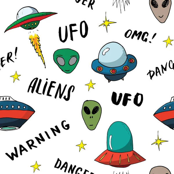 Ufo E Aliens Padrão Sem Emenda. Desenho Bonito De Naves Espaciais