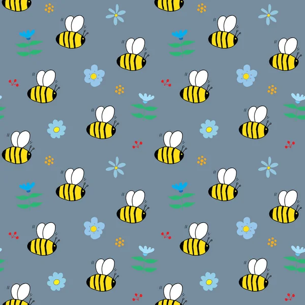 Cute Bee Seamless Pattern Cartoon Hand Drawn Honeybee Doodles Vector — Stock Vector
