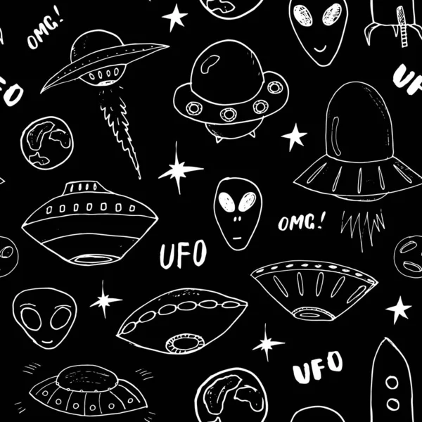 Ufo Extraterrestres Patrón Sin Costuras Bonitos Dibujos Naves Espaciales Doodles — Vector de stock