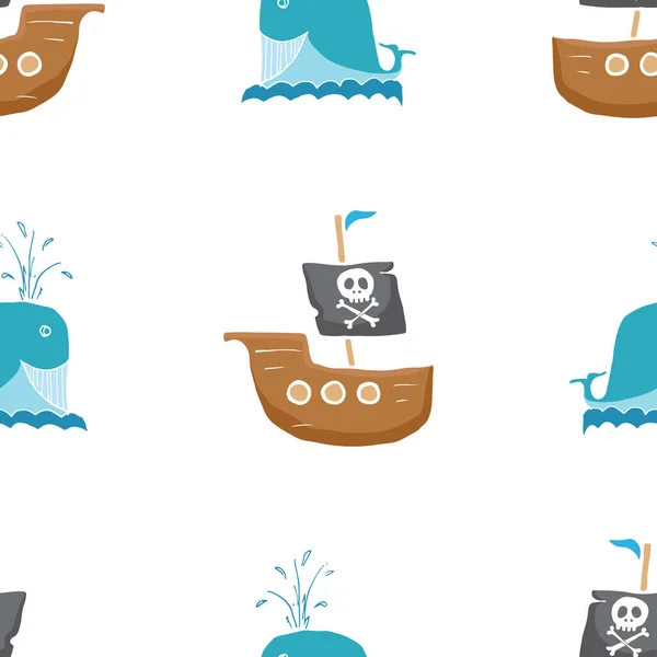 Barco Pirata Ballena Patrón Sin Costura Bonito Boceto Pirata Doodles — Archivo Imágenes Vectoriales