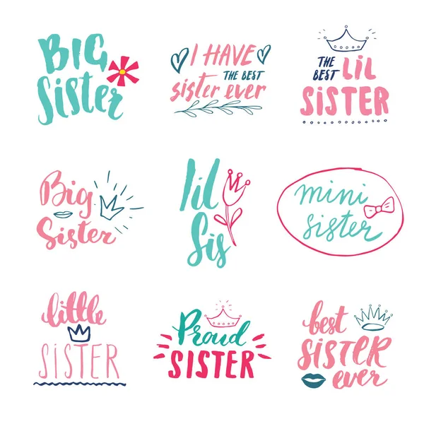 Hermana Caligrafía Letras Conjunto Guardería Infantil Frase Imprimible Conjunto Ilustración — Vector de stock