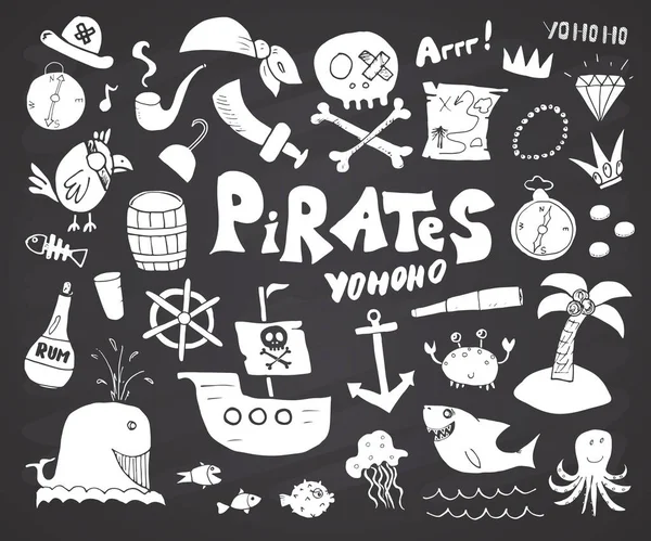 Pirate Doodles Set Lindo Pirata Artículos Bosquejo Colección Dibujos Animados — Vector de stock