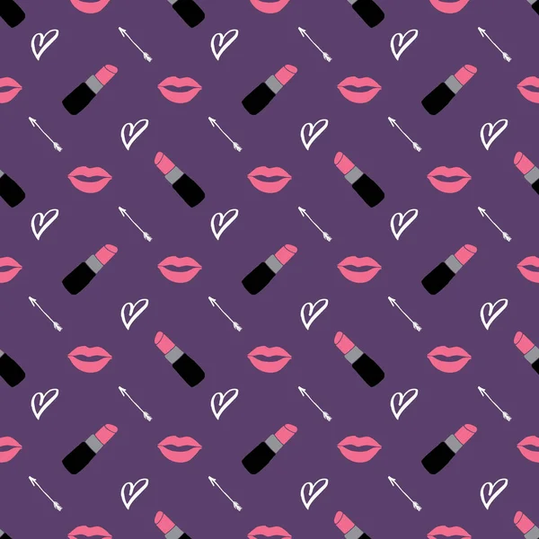 Patrón Sin Costuras Lápiz Labial Elementos Moda Belleza Dibujados Mano — Vector de stock