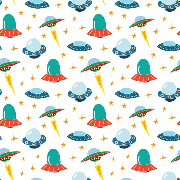 Ufo Aliens Seamless Pattern 可爱的涂鸦太空飞船草图 手绘漫画矢量图解 — 图库矢量图片