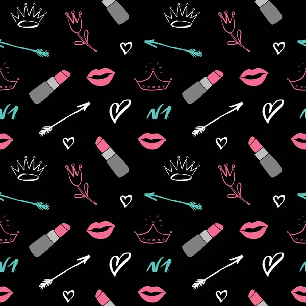 Patrón Sin Costuras Lápiz Labial Artículos Moda Belleza Dibujados Mano — Vector de stock