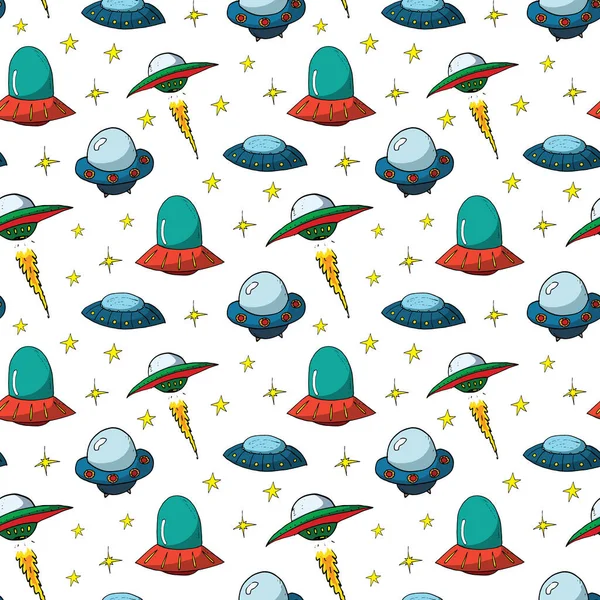 Ufo Extraterrestres Patrón Sin Costuras Bonitos Dibujos Naves Espaciales Doodles — Vector de stock