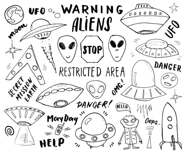 에일리언 Ufo 드로잉 스케치 우주선 Doodle Lettering Vector Illustration — 스톡 벡터