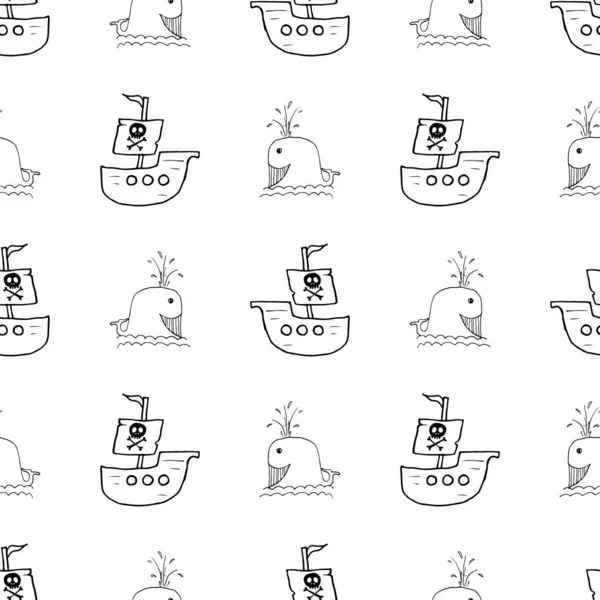 Piratenboot Und Wal Nahtloses Muster Cute Doodles Piraten Sketch Handgezeichnete — Stockvektor