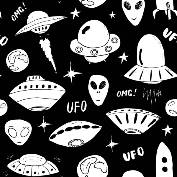 Ufo Och Utomjordingar Sömlöst Mönster Söta Doodles Rymdskeppsskiss Handritad Tecknad — Stock vektor