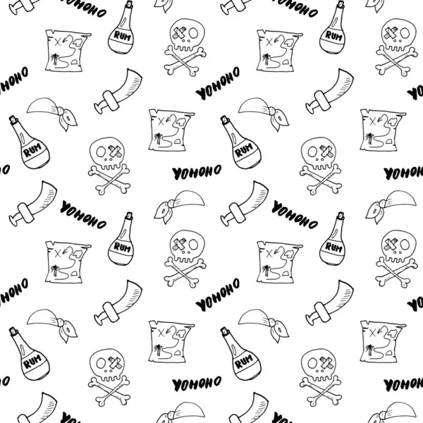 Pirate Doodles Seamless Pattern Cute Pirate Items Sketch Hand Drawn — Stock Vector