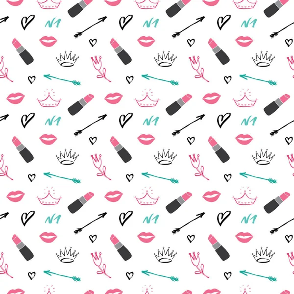 Patrón Sin Costuras Lápiz Labial Artículos Moda Belleza Dibujados Mano — Vector de stock