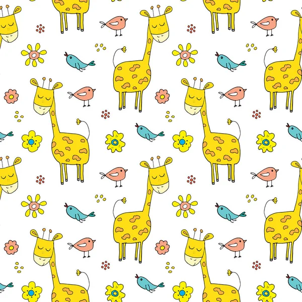 Cute Giraffe Seamless Pattern Cartoon Hand Drawn Animal Doodles Vector — Stock Vector