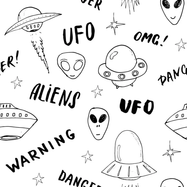 Ufoとエイリアンシームレスなパターン かわいい落書き宇宙船のスケッチ 手描き漫画ベクトルイラスト — ストックベクタ