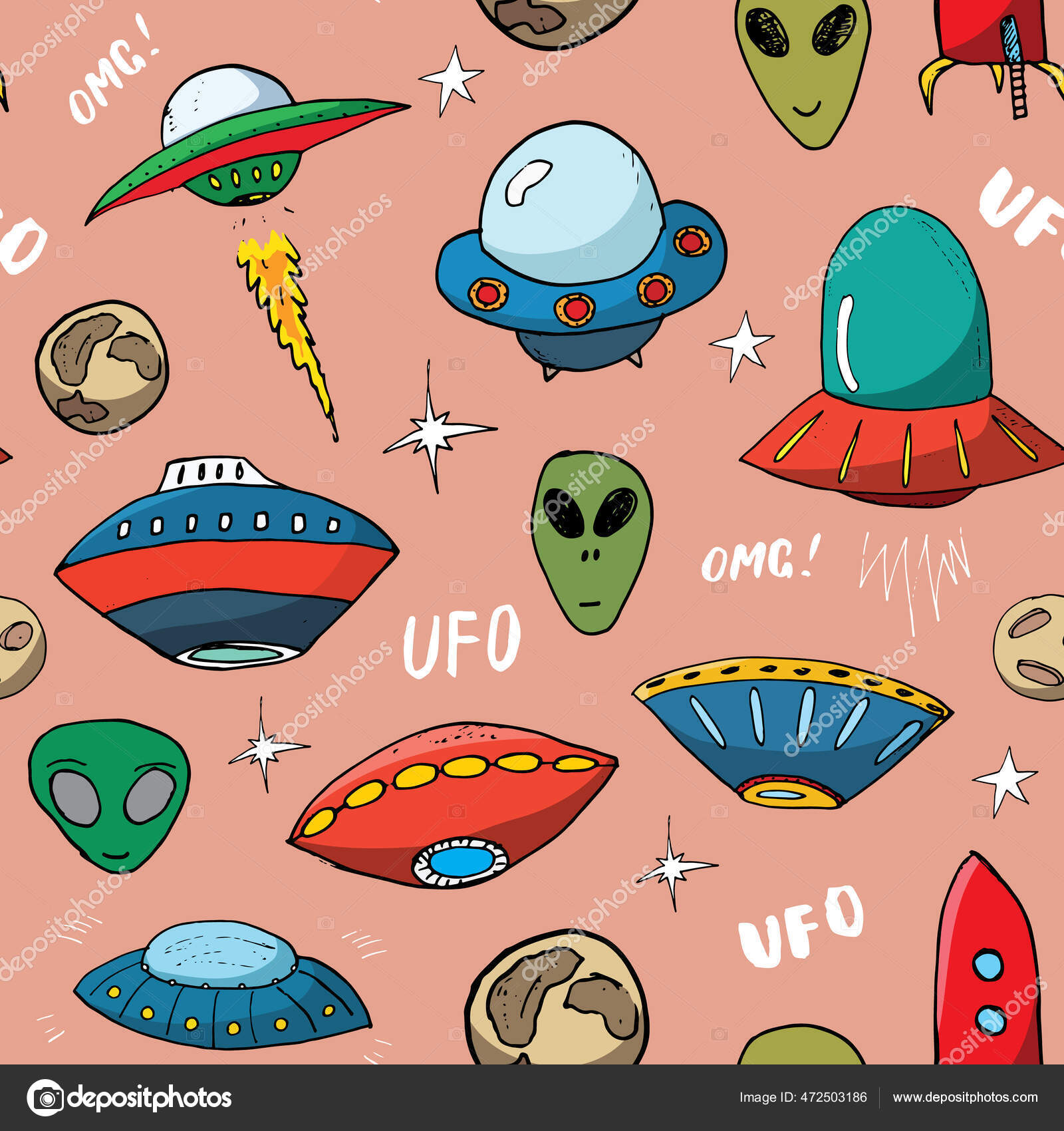 Ufo E Aliens Padrão Sem Emenda. Desenho Bonito De Naves Espaciais