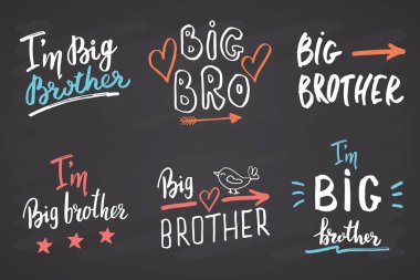 Big brother, Calligraphic Letterings signs set, child nursery printable phrase set. Vector illustration on chalkboard background. clipart