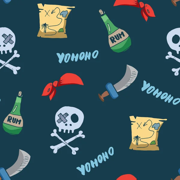 Pirate Doodles Naadloos Patroon Leuke Piraat Items Schets Handgetekend Cartoon — Stockvector