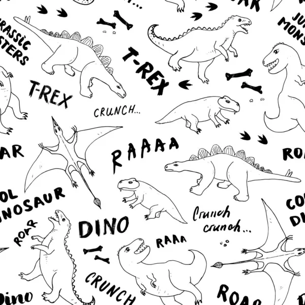 Padrão Sem Costura Dino Bonito Desenhos Animados Mão Desenhada Dinossauros — Vetor de Stock