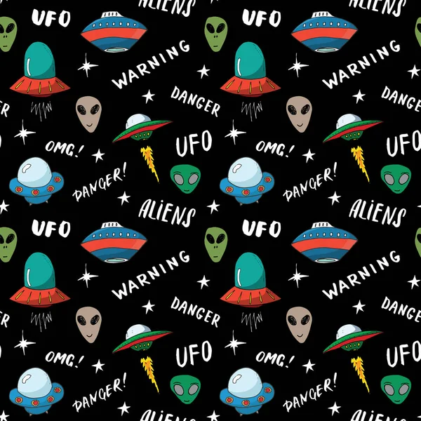 Ufo Aliens Naadloos Patroon Leuke Doodles Ruimteschets Handgetekend Cartoon Vector — Stockvector