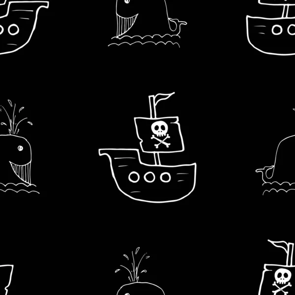 Piratenboot Walvis Naadloos Patroon Leuke Doodles Piratenschets Handgetekend Cartoon Vector — Stockvector