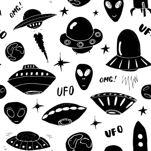 Ufoとエイリアンシームレスなパターン かわいい落書き宇宙船のスケッチ 手描き漫画ベクトルイラスト — ストックベクタ