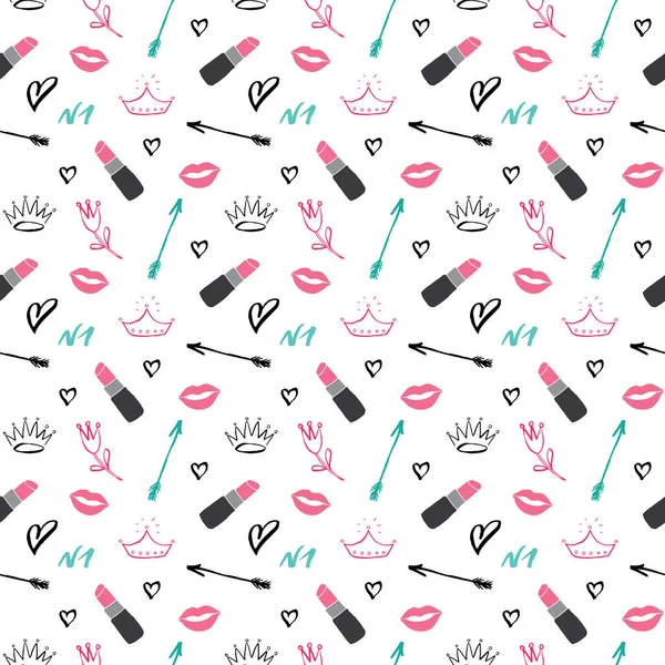 Patrón Sin Costuras Lápiz Labial Artículos Moda Belleza Dibujados Mano — Vector de stock