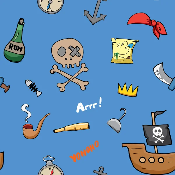 Pirate Doodles Sömlöst Mönster Söt Pirat Objekt Skiss Handritad Tecknad — Stock vektor