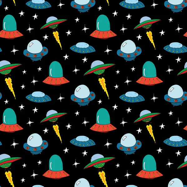 Ufo Aliens Seamless Pattern 可爱的涂鸦太空飞船草图 手绘漫画矢量图解 — 图库矢量图片