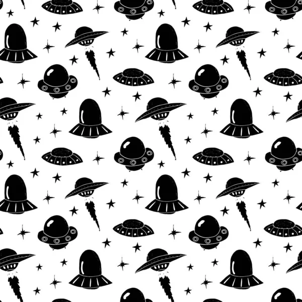 Ufo Aliens Naadloos Patroon Leuke Doodles Ruimteschets Handgetekend Cartoon Vector — Stockvector