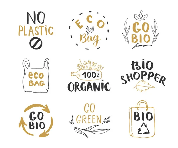 Eko Bio Ręcznie Rysowane Etykiety Zestaw Litery Kaligraficzne Ekologicznymi Elementami — Wektor stockowy