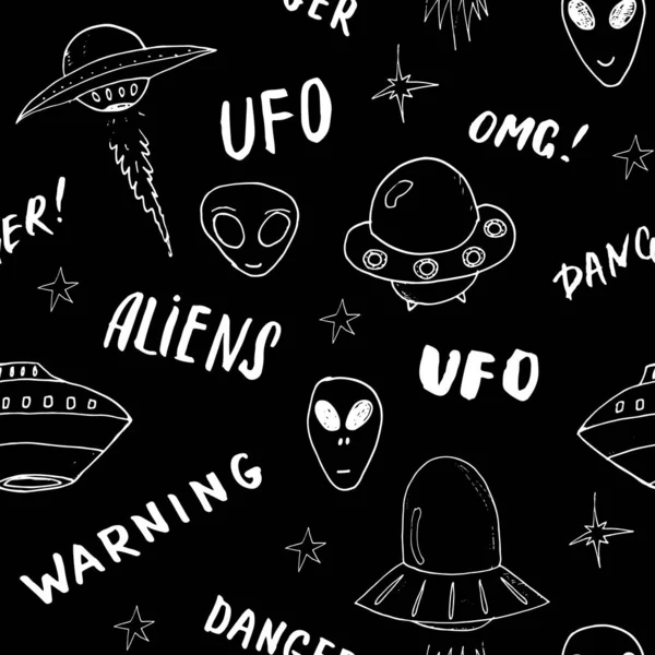 Ufo Aliens Naadloos Patroon Leuke Doodles Ruimteschets Handgetekend Cartoon Vector — Stockvector