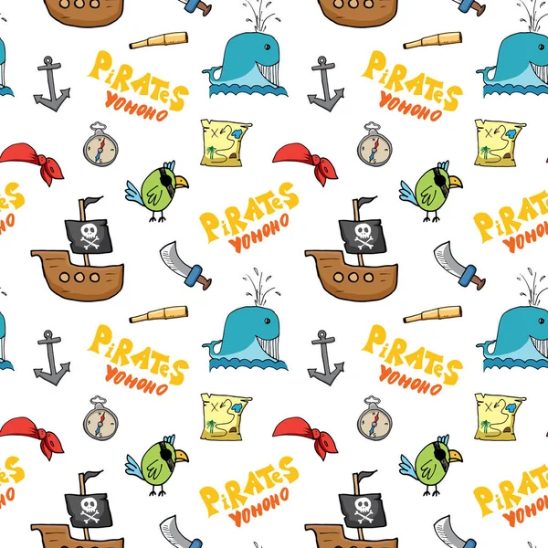 Pirate Doodles Modèle Sans Couture Joli Croquis Objets Pirates Illustration — Image vectorielle