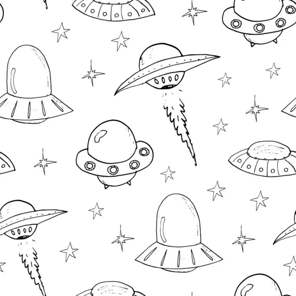 Ufoとエイリアンシームレスなパターン かわいい落書き宇宙船のスケッチ 手描き漫画ベクトルイラスト — ストックベクタ